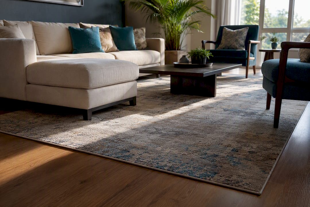 Living room with sofa and chairs anchored by large rug
