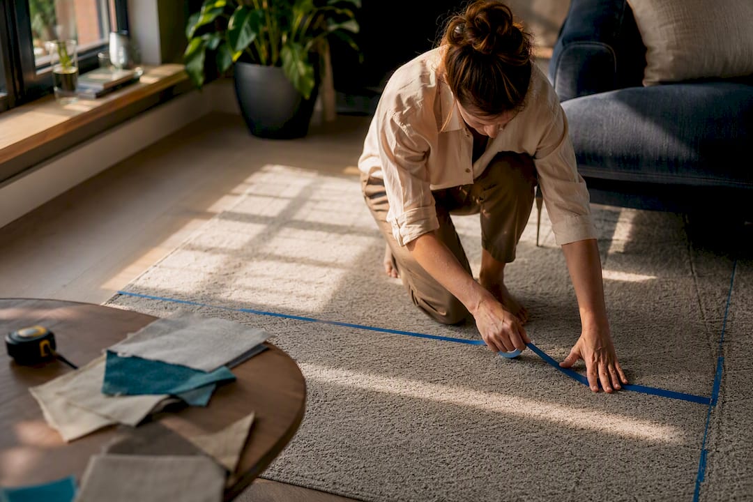 Hands taping sofa footprint on living room floor