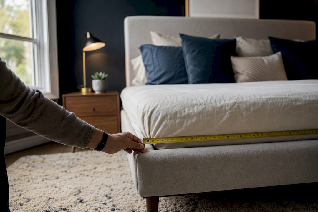 Hands measuring bed headboard height