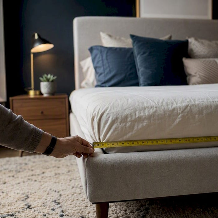 Hands measuring bed headboard height