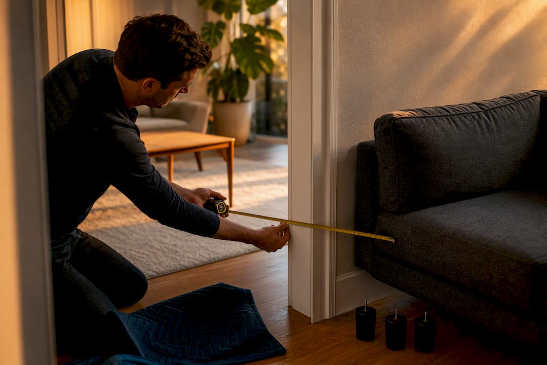 Tape measuring sofa against doorframe