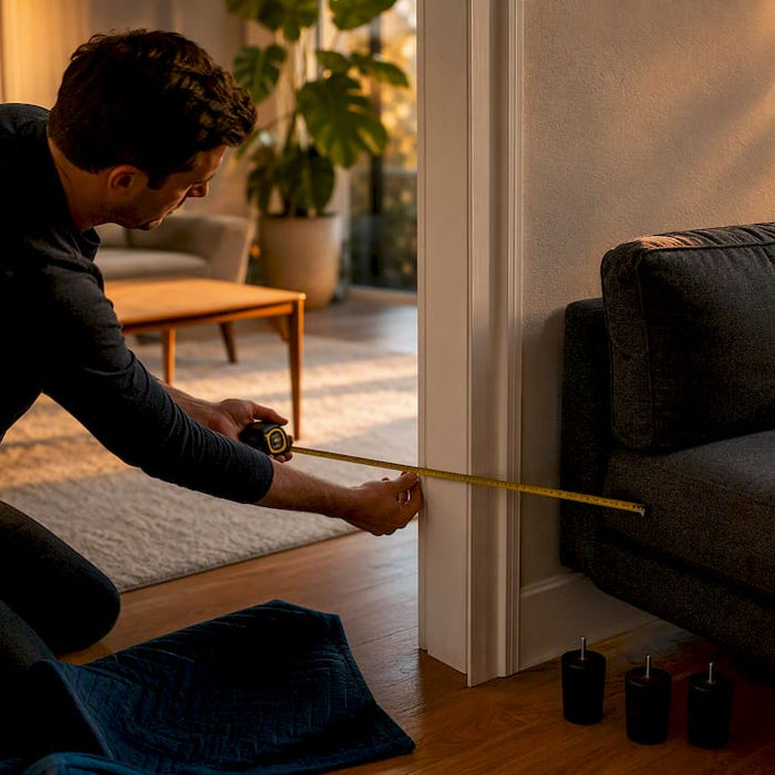 Tape measuring sofa against doorframe