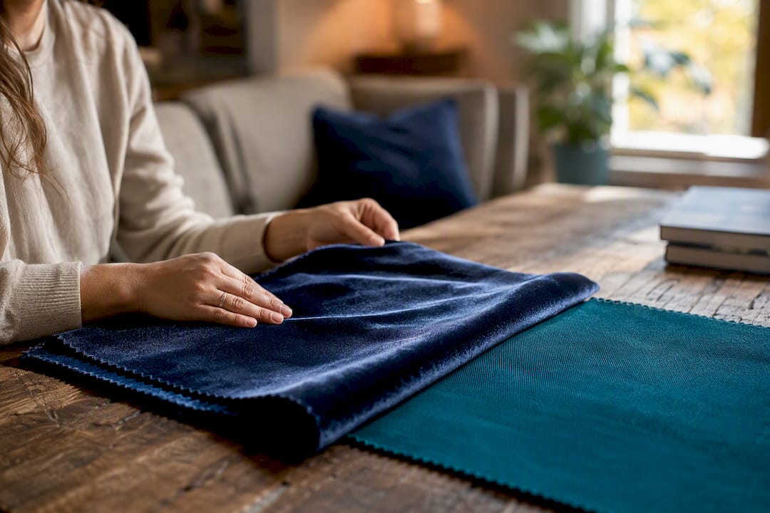 Close-up of velvet and microfiber sofa fabrics