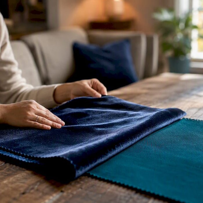 Close-up of velvet and microfiber sofa fabrics
