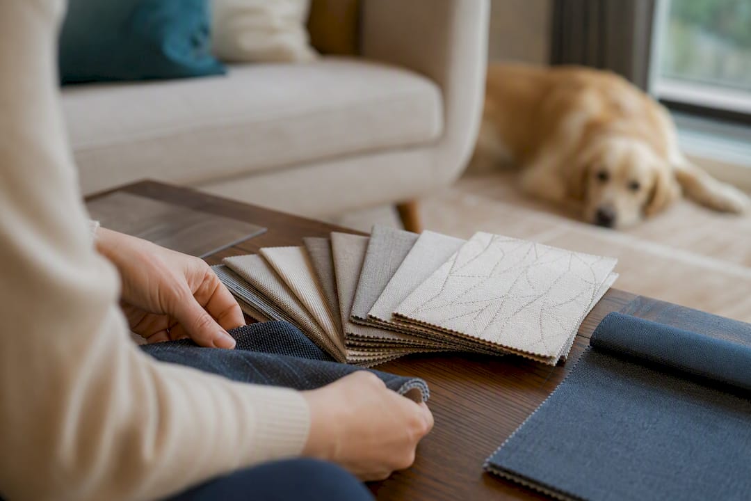 Fabric swatches with pet paw and cat kneading nearby