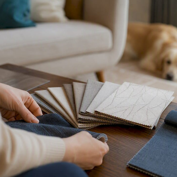 Fabric swatches with pet paw and cat kneading nearby