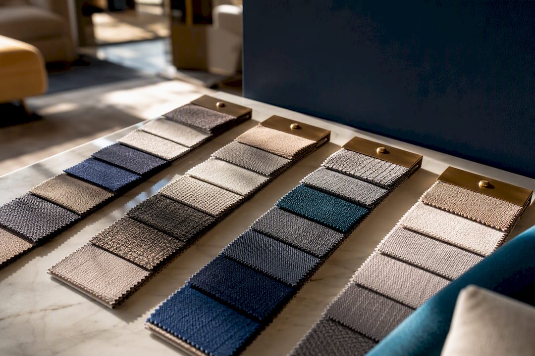 Sunlight across varied upholstery fabric swatches