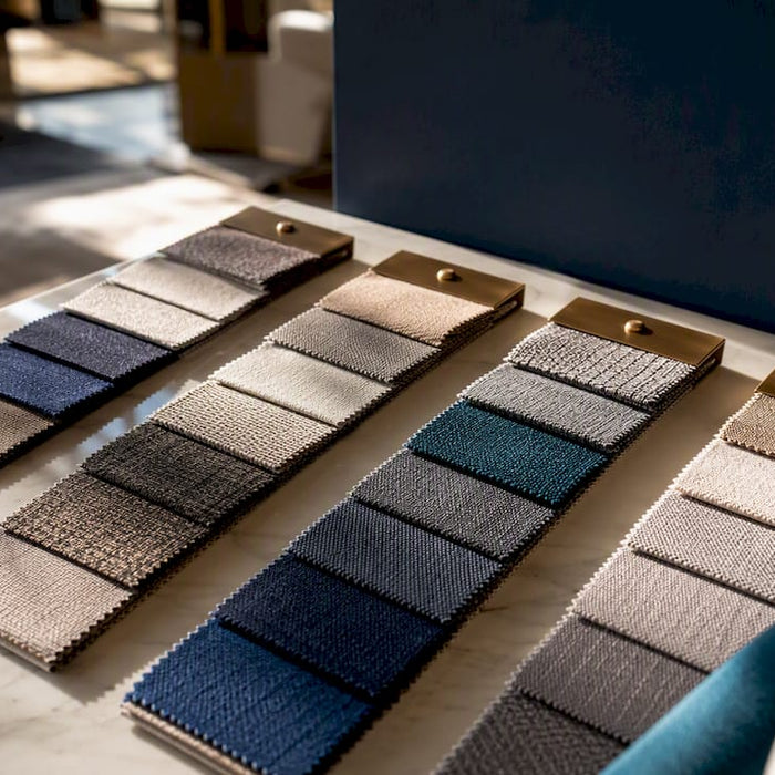 Sunlight across varied upholstery fabric swatches