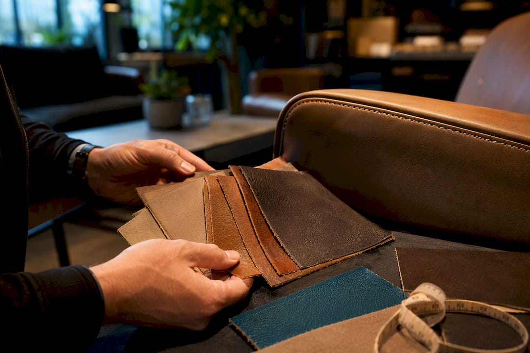 Leather samples beside custom sofa detail