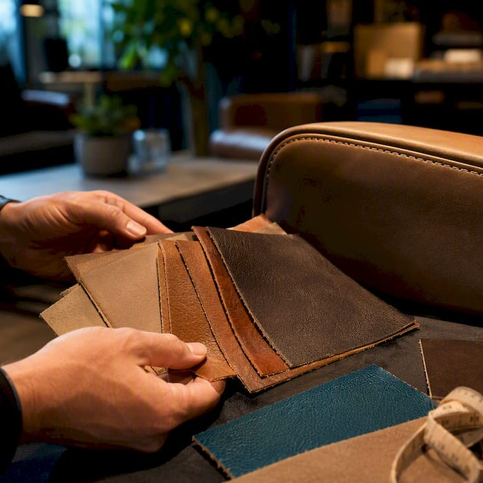 Leather samples beside custom sofa detail