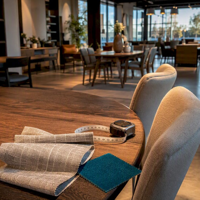 Cropped dining furniture in a Texas showroom