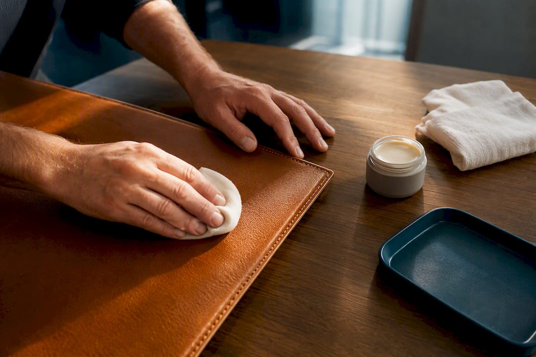 Hands conditioning a leather upholstery edge