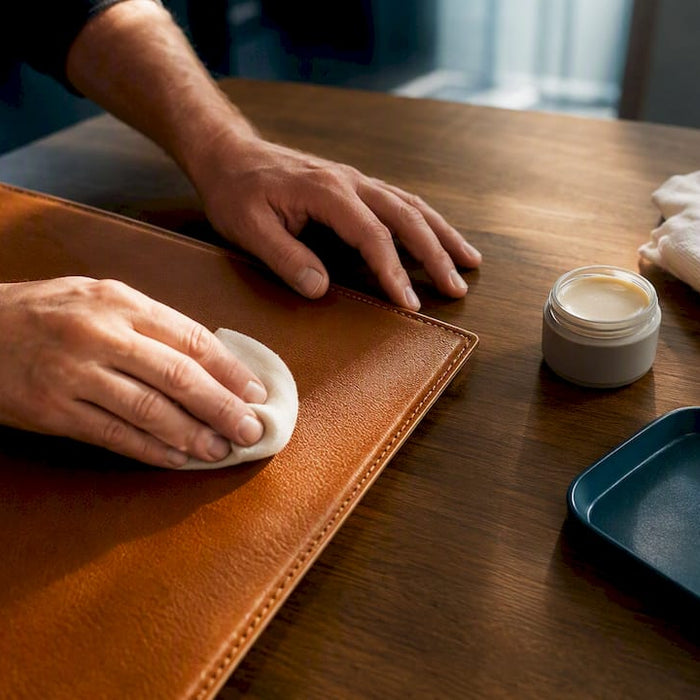 Hands conditioning a leather upholstery edge