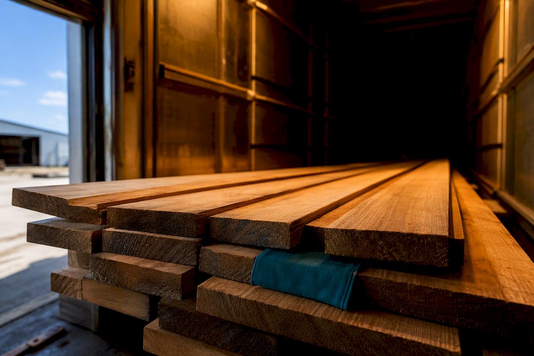 Hardwood lumber inside a drying kiln