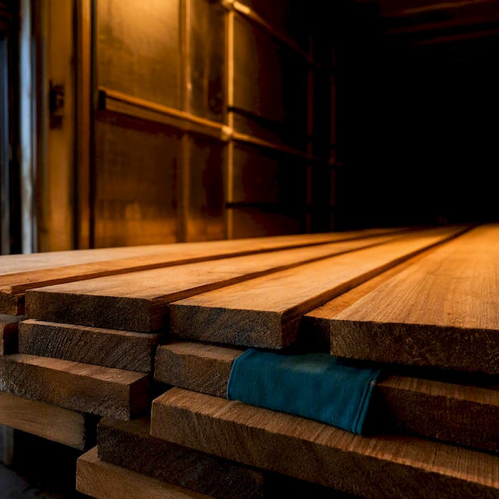 Hardwood lumber inside a drying kiln