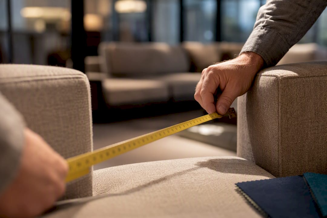 Hands measuring space between sofa arms