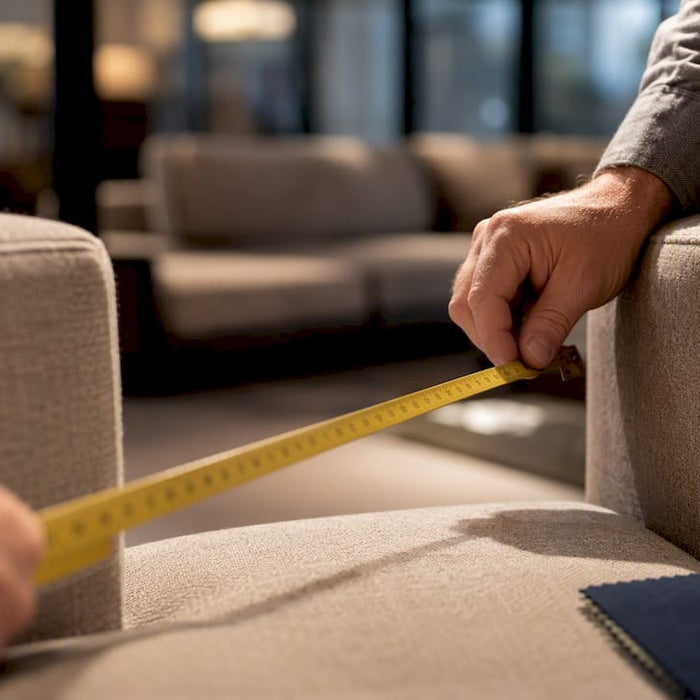 Hands measuring space between sofa arms