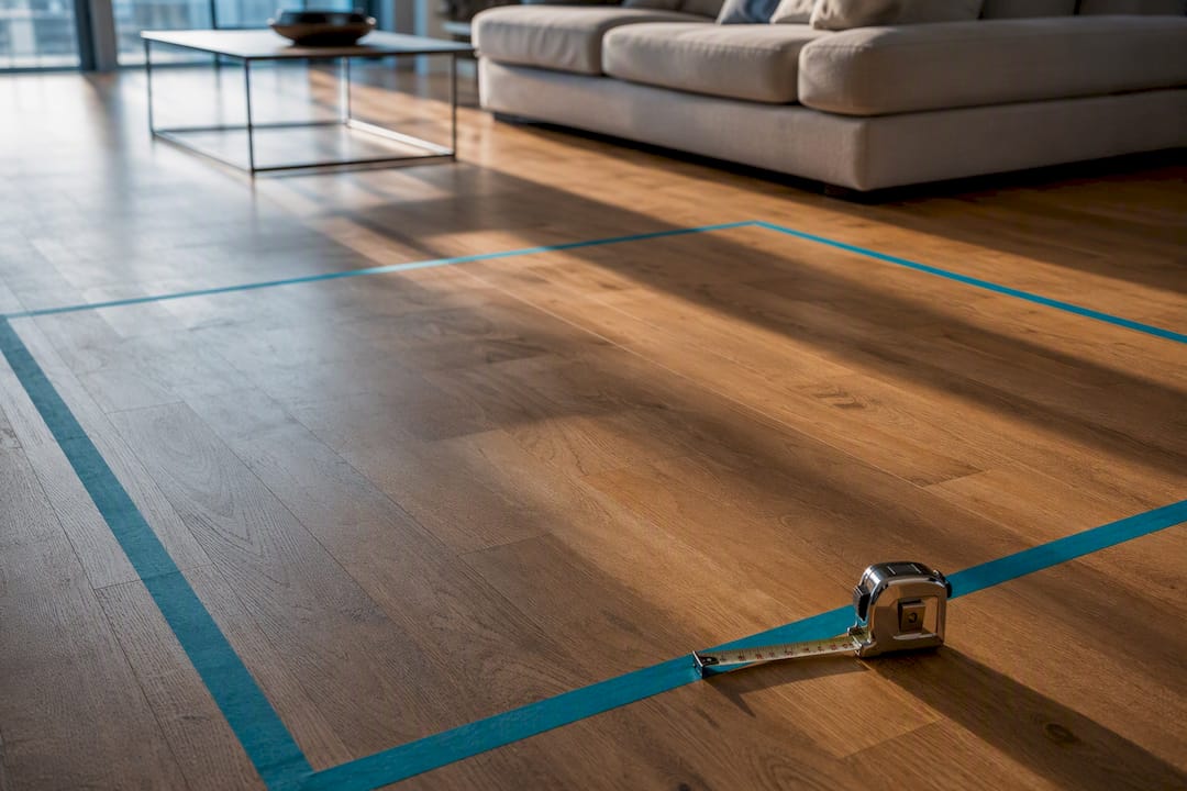 Taped rug footprint beside sectional