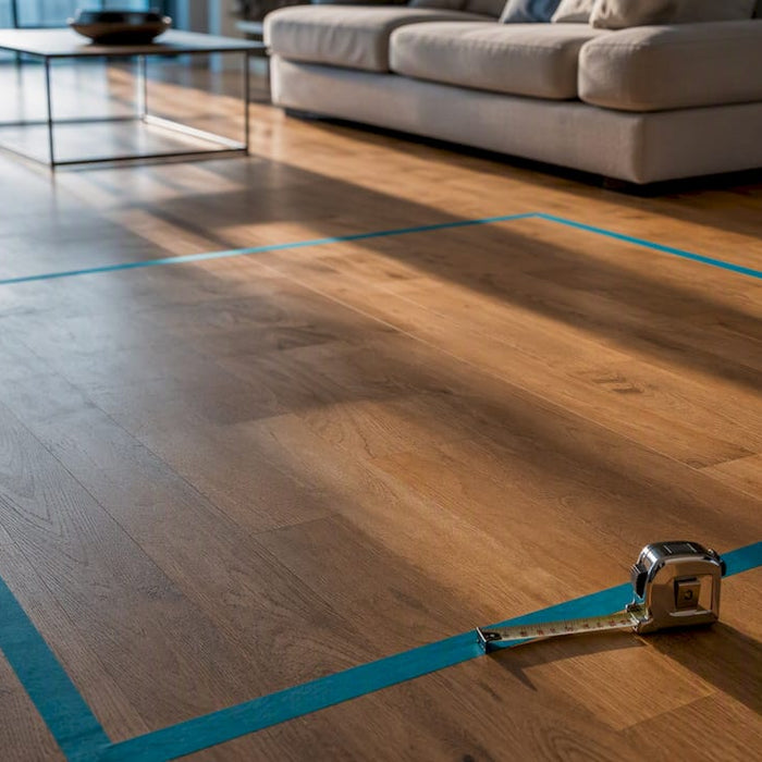 Taped rug footprint beside sectional