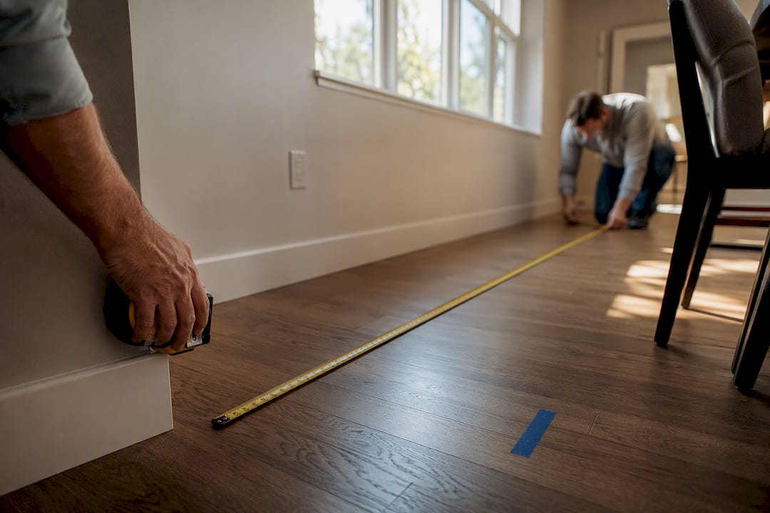 Hands measuring dining room for table clearance