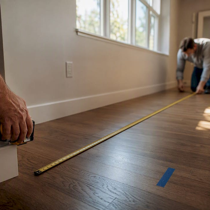 Hands measuring dining room for table clearance