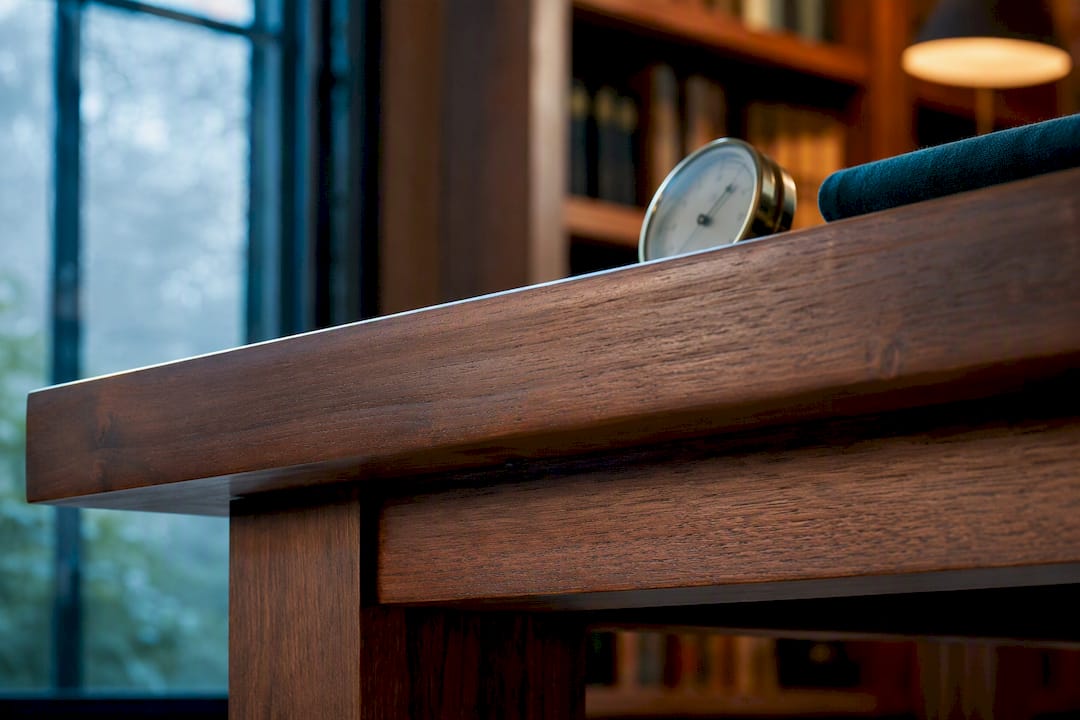 Close-up wood tabletop beside hygrometer