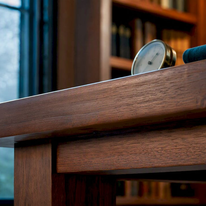 Close-up wood tabletop beside hygrometer