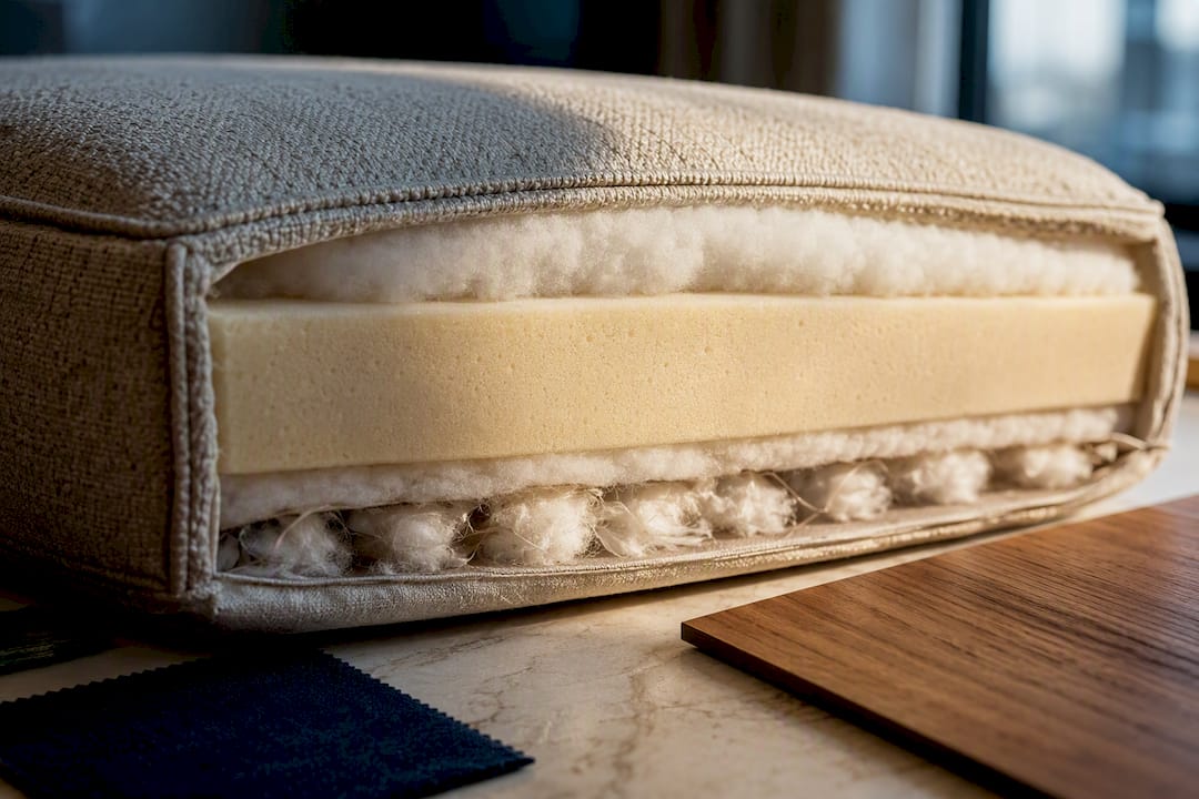 Layered sofa cushion filling materials close-up