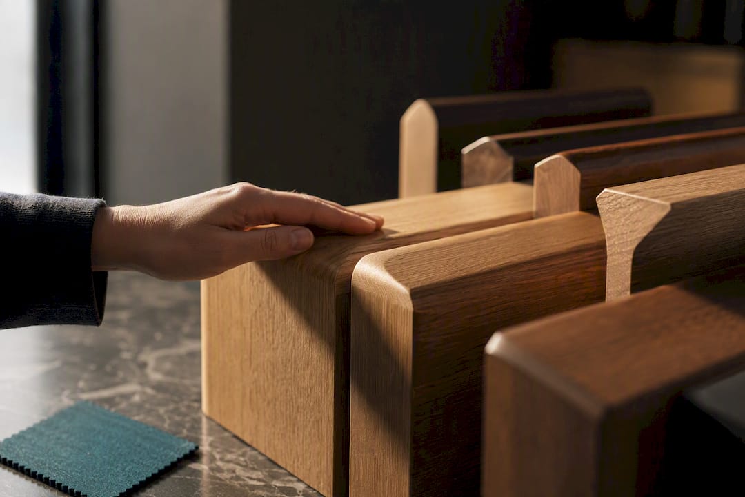 Hand comparing tabletop edge profiles