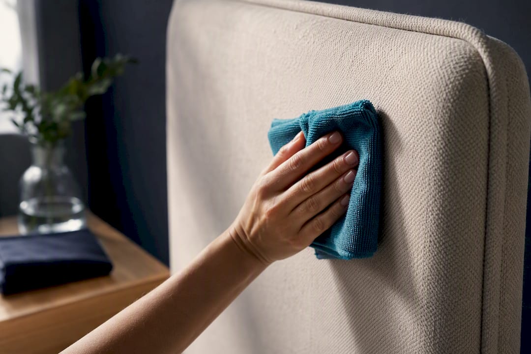 Hand cleaning upholstered headboard with damp cloth