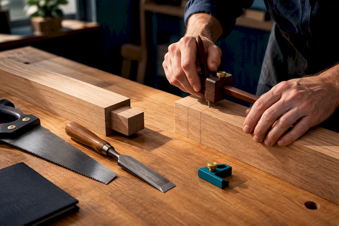 Woodworker marking a mortise and tenon joint