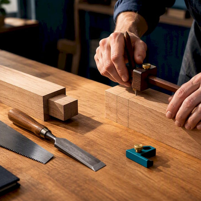 Woodworker marking a mortise and tenon joint