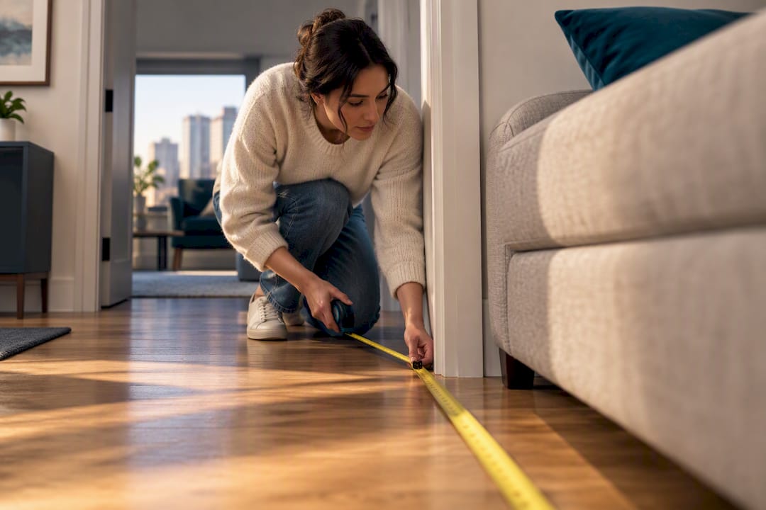 Measuring sofa clearance in a small apartment