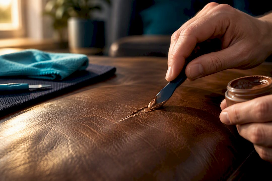 Hands repairing a scratch on leather