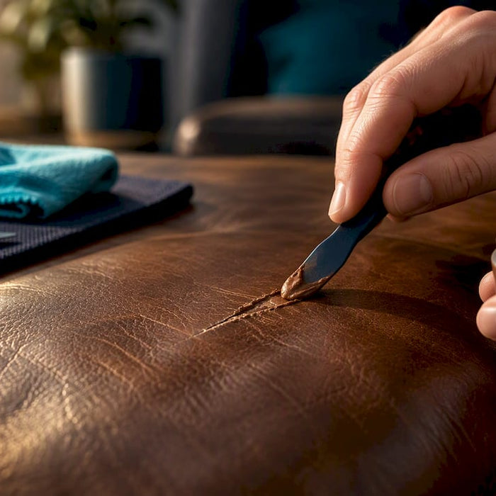 Hands repairing a scratch on leather