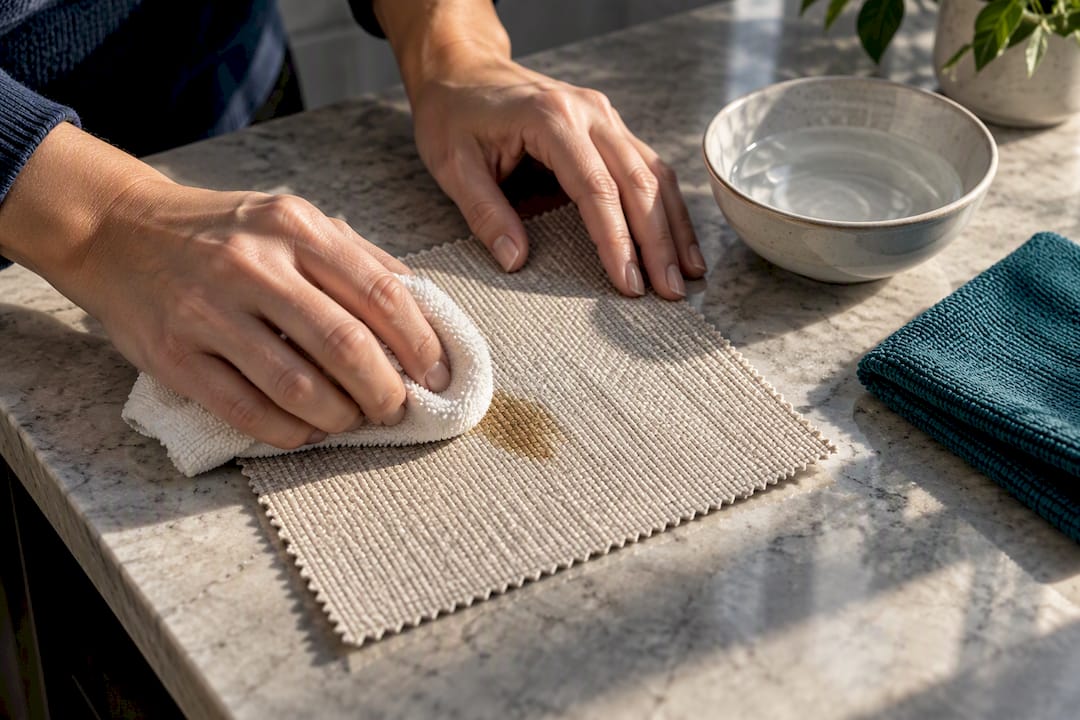 Hands blotting stained performance fabric