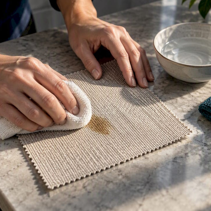 Hands blotting stained performance fabric