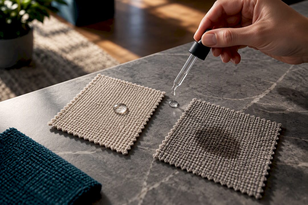 Water testing two upholstery fabric swatches