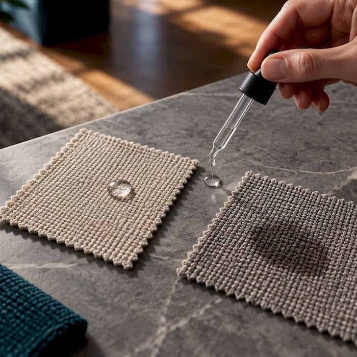 Water testing two upholstery fabric swatches