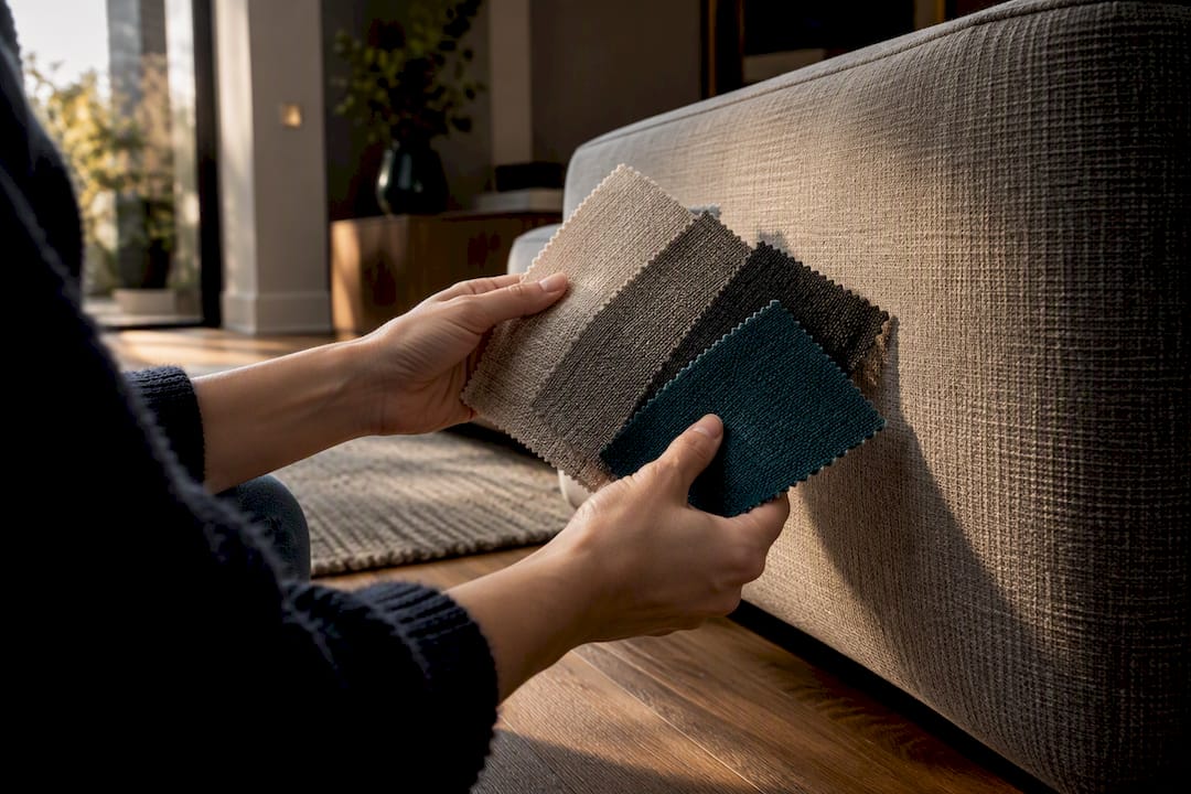 Hands comparing sofa fabric swatches in room