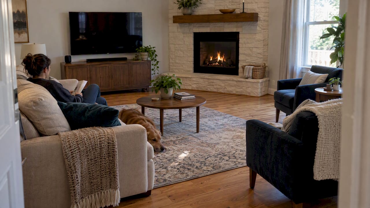 Living room with corner fireplace furniture layout