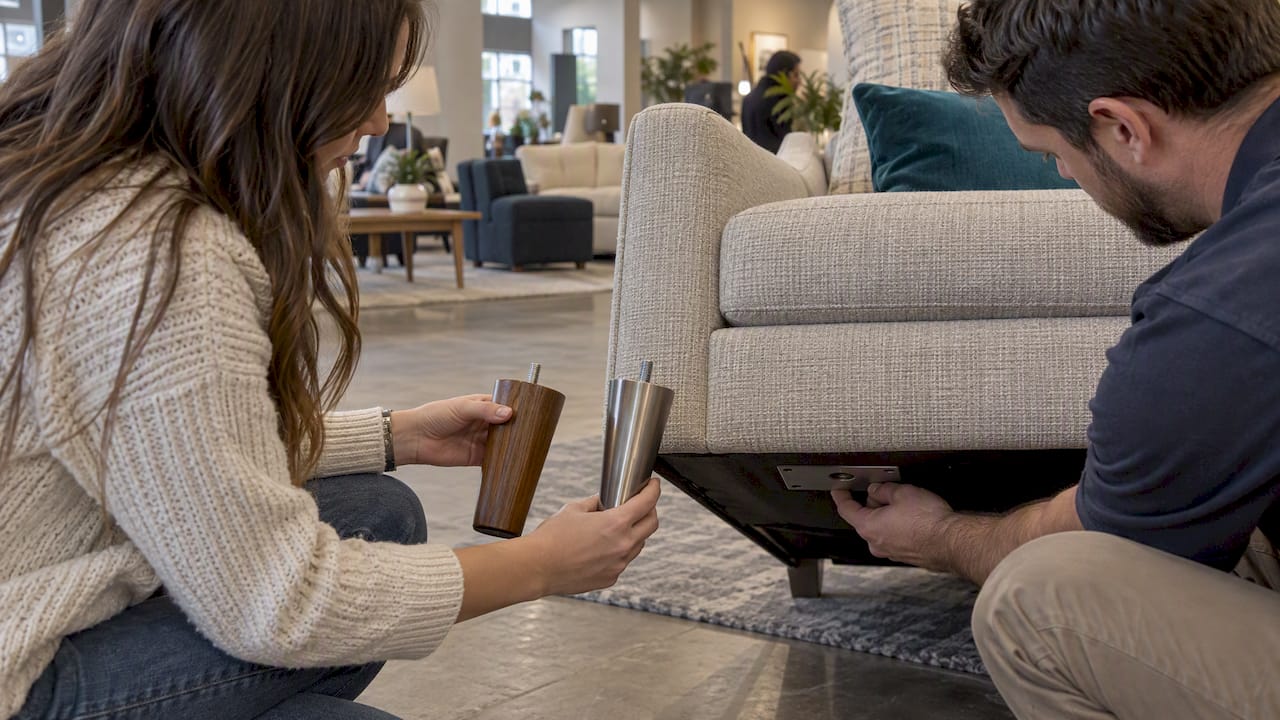 Comparing sofa legs beneath custom sofa