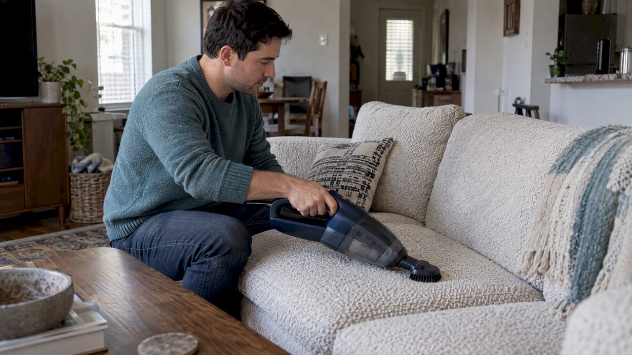 Homeowner vacuuming a bouclé sofa