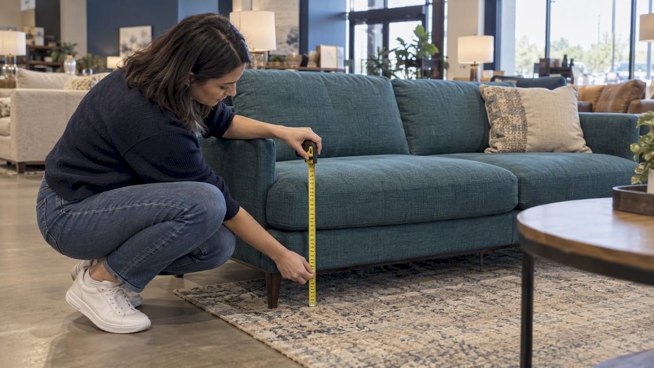 Shopper checks sofa seat height in showroom