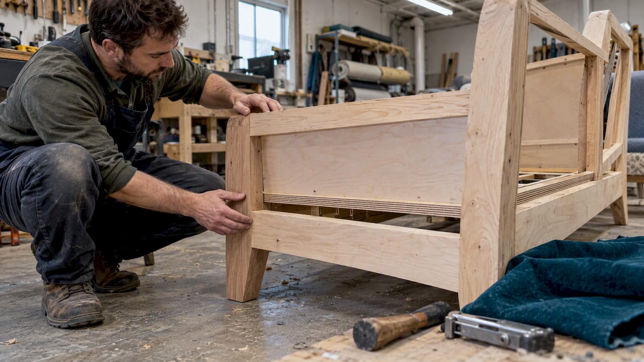 Craftsperson inspecting a hybrid sofa frame