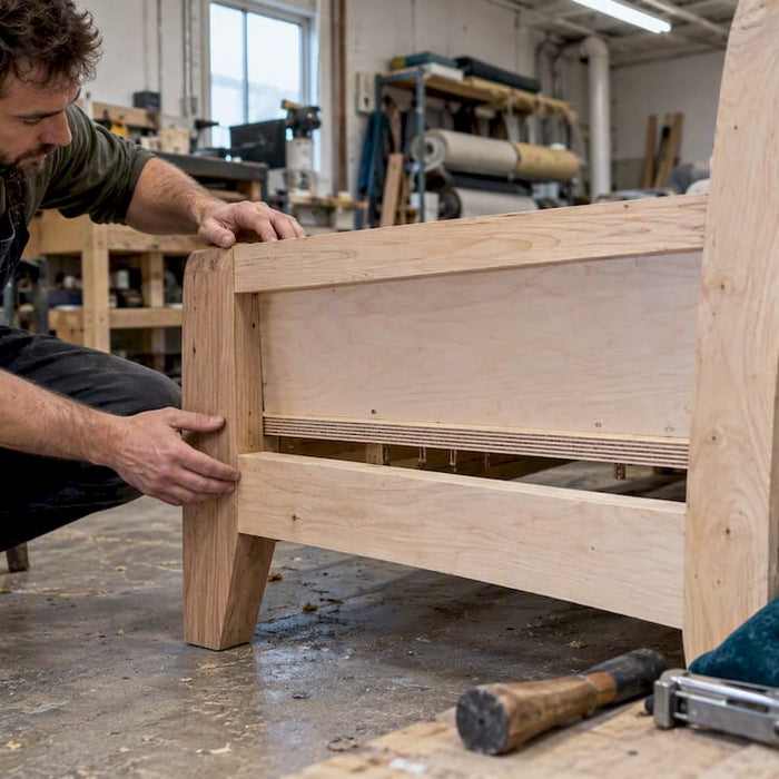 Craftsperson inspecting a hybrid sofa frame