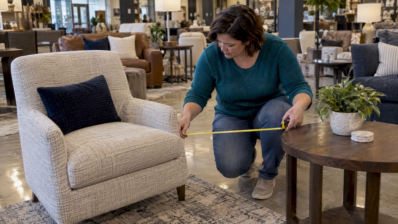 Shopper checking space between chair and table