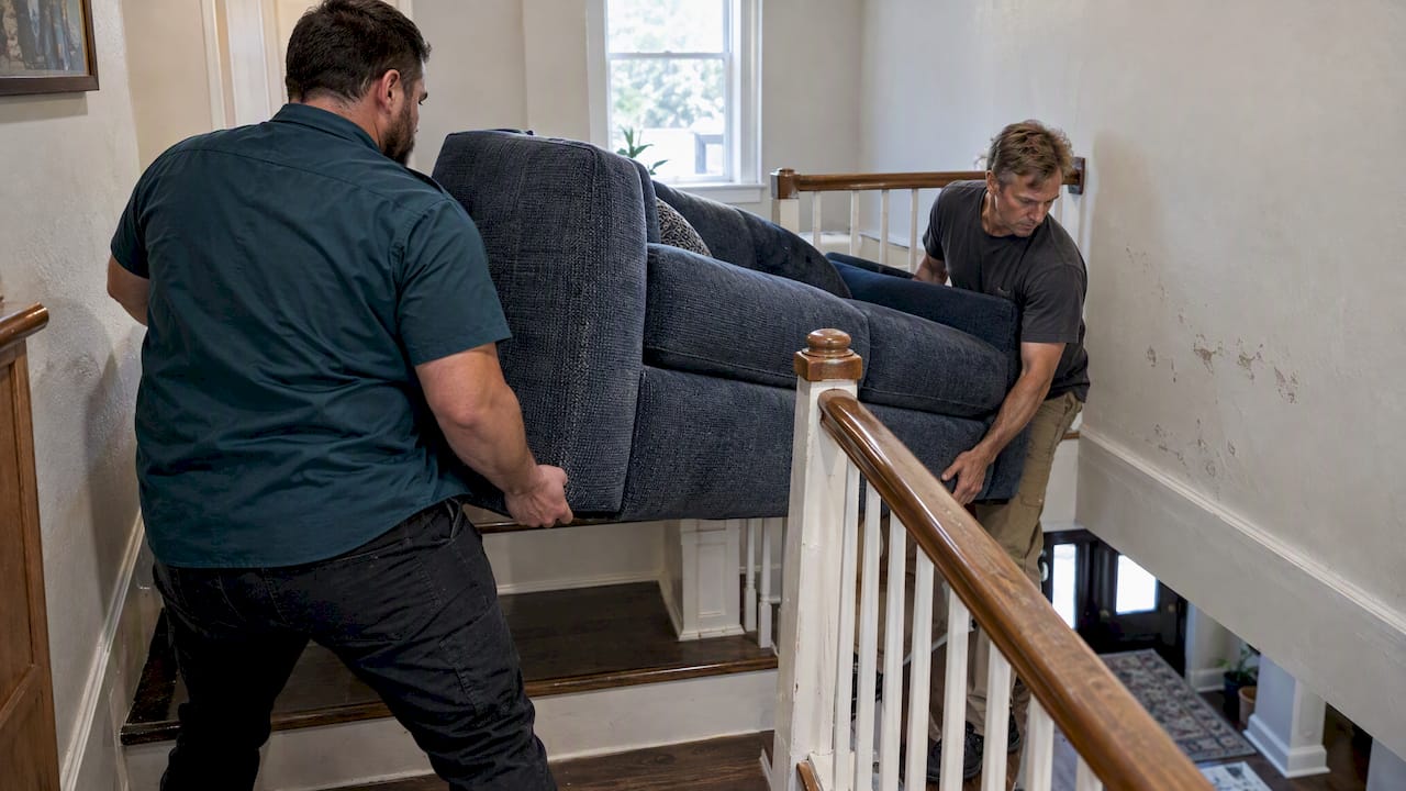 Movers pivoting a sofa around a stair landing