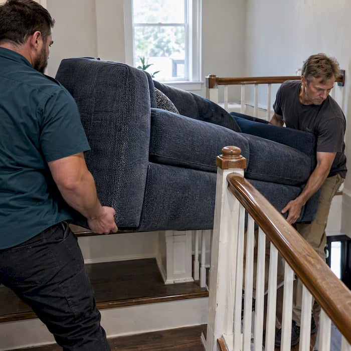 Movers pivoting a sofa around a stair landing