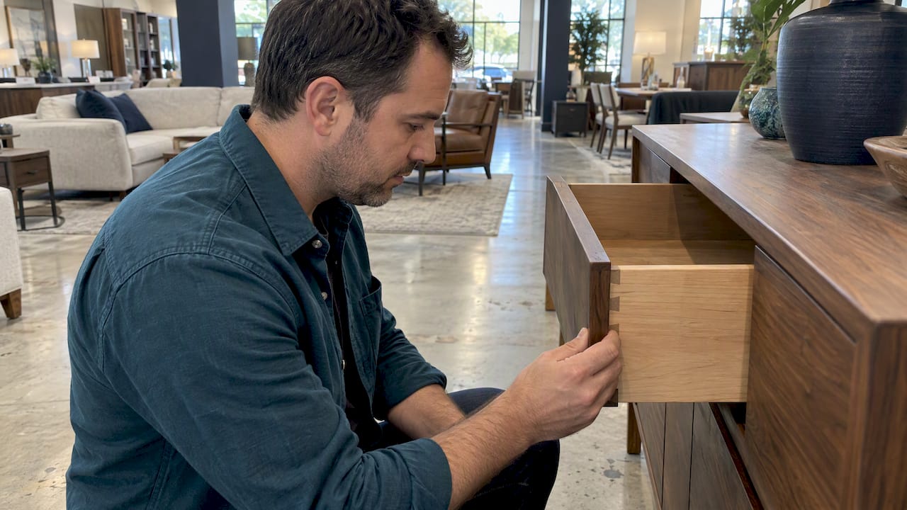 Shopper checking dovetail joints in a showroom drawer